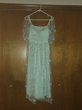 SHEIN Mint Green Floral Embroidered Midi Dress
